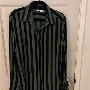 REISS Slim Fit Striped Shirt Green Black Button Up Size M